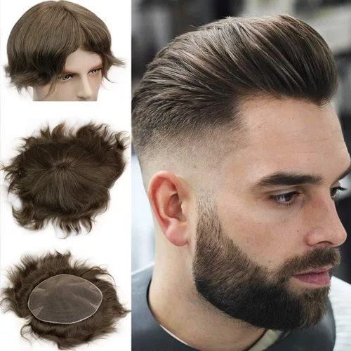 Miniatura 12 de Voloria Swiss Full Lace Toupee Europeo Real Cabello Humano Reemplazo para Hombres Hairpiece #18 Rubio Ceniza Marrón