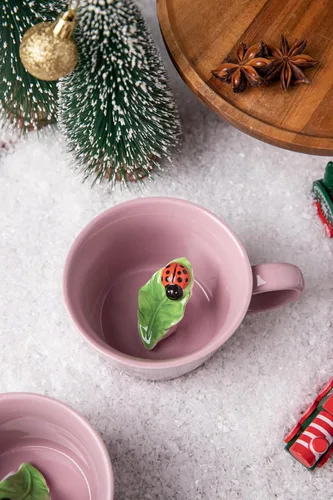 Miniatura 3 de DIHOclub Taza de Cerámica de Mariquita con Animal 3D Oculto en el Interior, Serie Jardín Tazas Figuritas Hechas a Mano 12OZ (Rosa Púrpura)
