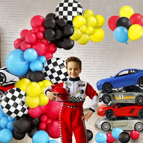 Miniatura 3 de Kit de guirnalda de arco de globos de auto de carreras, globo de aluminio a cuadros rojo, amarillo, azul, negro, decoración de fiesta de cumpleaños