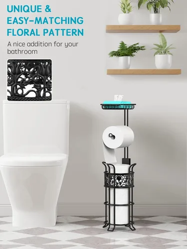 Miniatura 2 de Soporte de papel higiénico con estante, dispensador de rollos de papel higiénico de pie, con capacidad para 3 grandes rollos de papel jumbo mega