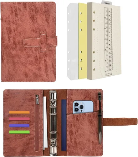 Miniatura 10 de Agenda de cuero Wonderpool A5, carpeta de cuaderno de escritura con papel punteado y cubierta con múltiples bolsillos para la escuela de negocios
