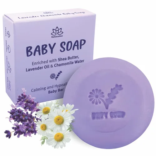Relaxcation Jabón en barra para niños con aceites esenciales de lavanda, agua orgánica de manzanilla y manteca de karité, procesada naturalmente en