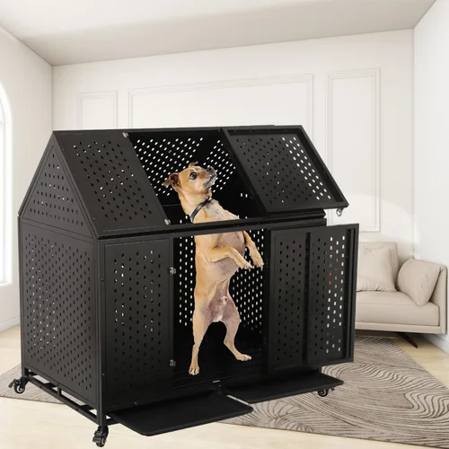 Miniatura 8 de Jaula para perros indestructible de 44 pulgadas con ruedas, jaula de acero a prueba de escapes para interiores, doble puerta, alta ansiedad