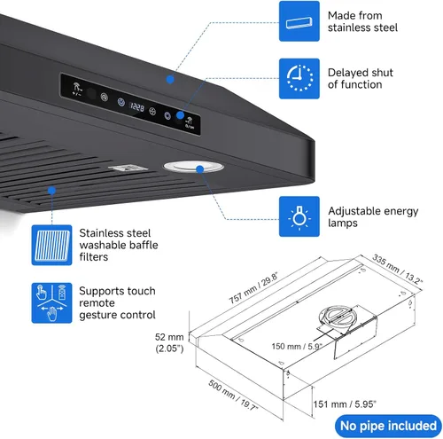Miniatura 3 de AMZCHEF Campana extractora debajo del gabinete de 30 pulgadas, campana de ventilación de estufa de cocina de acero inoxidable de 750 CFM, ventilador