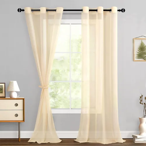 Miniatura 94 de Hiasan - Cortinas traslúcidas de gasa cortas semitransparentes con ojales y alzapaños filtrantes de luz para ventana, dormitorio, baño, 2 paneles