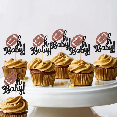 Miniatura 5 de Ercadio Paquete de 24 adornos para cupcakes de fútbol americano Oh Baby - Púas de rugby con purpurina negra para temática deportiva, baby shower