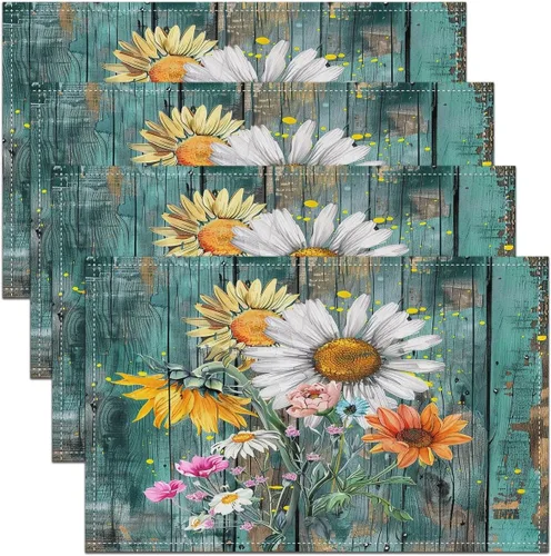 jejeloiu Juego de 4 manteles individuales de girasol, manteles individuales con estampado floral, patrón de flores amarillas, manteles individuales