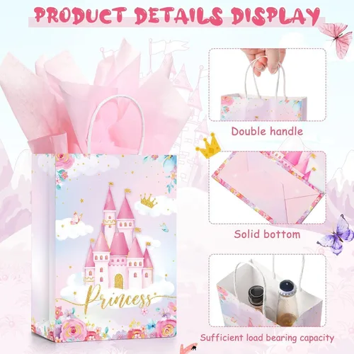 Miniatura 5 de Nezyo 16 bolsas de recuerdo de fiesta de princesa príncipe con asas y papel de seda, bolsas de regalo para cumpleaños, baby shower, regalos
