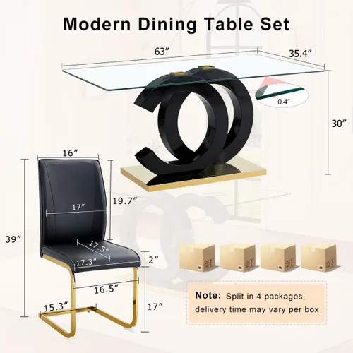 Miniatura 2 de Juego de mesa de comedor de cristal de 63 pulgadas para 6, juego de mesa de comedor moderno para 6, mesa de vidrio templado con patas negras