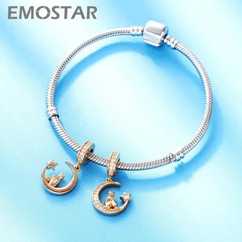 Miniatura 6 de Forever Friends - Juego de dijes para pulseras Pandora, oro rosa para niña sentada en la media luna y mejores amigos, juego de joyas en plata de ley