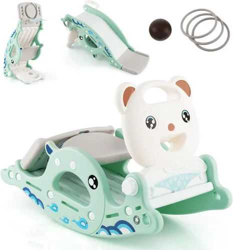 Miniatura 8 de Costzon - Juguetes de deslizamiento para niños pequeños 4 en 1, tobogán para niños con aro de baloncesto y juego de anillos, caballo de madera