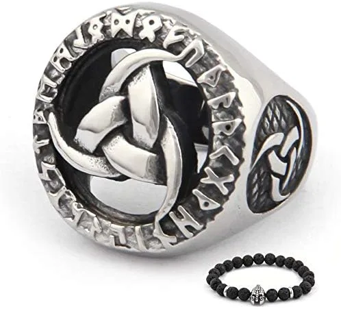BAVIPOWER Viking Odin Triple Cuerno Runa Círculo Norse Sabiduría Anillo de Acero Inoxidable Asatru Pagan Joyería Escandinava para hombres y mujeres