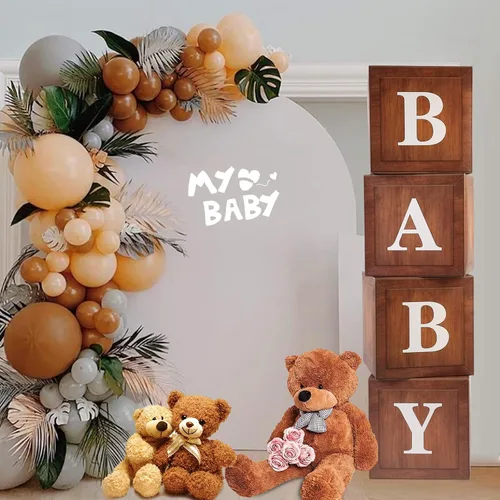 Miniatura 2 de Cajas de Baby Shower de Madera Decoraciones de Fiesta - 4 Bloques de Grano de Madera Marrón con Letras BABY Impresas, Fondo de Revelación de Género