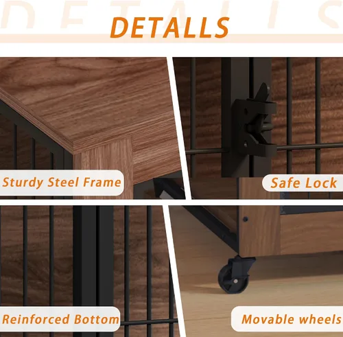 Miniatura 2 de Mueble de jaula para perros de 38.6 pulgadas con ruedas, mesa de madera resistente para perrera, jaula para mascotas de interior con 2 puertas, caja