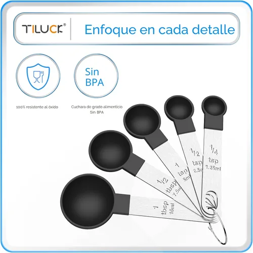 Miniatura 5 de TILUCK Juego de tazas y cucharas medidoras, tazas y cucharas apilables, tazas medidoras anidables con mango de acero inoxidable, accesorios de Negro