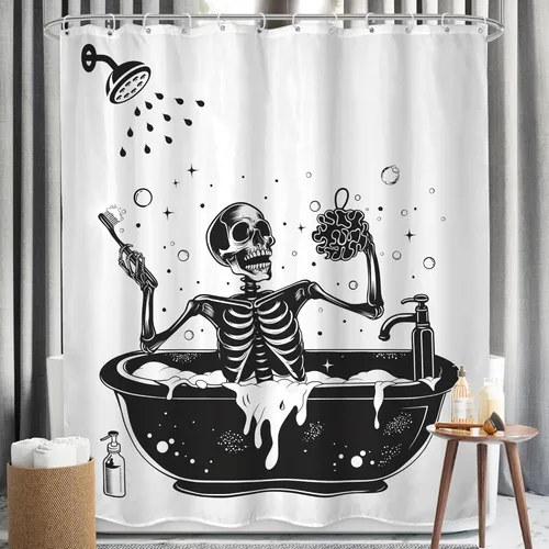 Miniatura 22 de Juego de cortinas de ducha divertidas con diseño de calavera y esqueleto de Halloween para baño, 60 pulgadas de ancho x 71 pulgadas de alto
