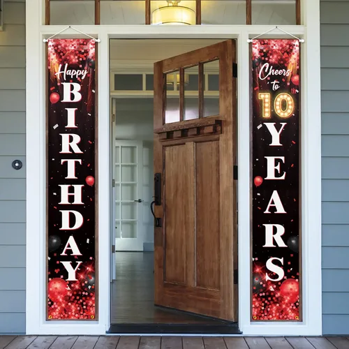 Letrero de feliz cumpleaños número 10 para puerta, color rojo y negro, decoración temática de fiesta de cumpleaños con purpurina para niños y niñas,
