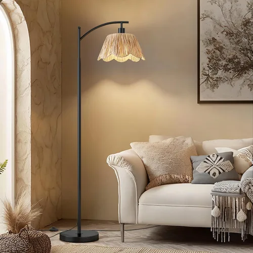 Miniatura 18 de Oneach Lámpara de pie arqueada para sala de estar, lámpara de pie de ratán boho con pantalla tejida a mano, interruptor a pedal, base y poste de Oro