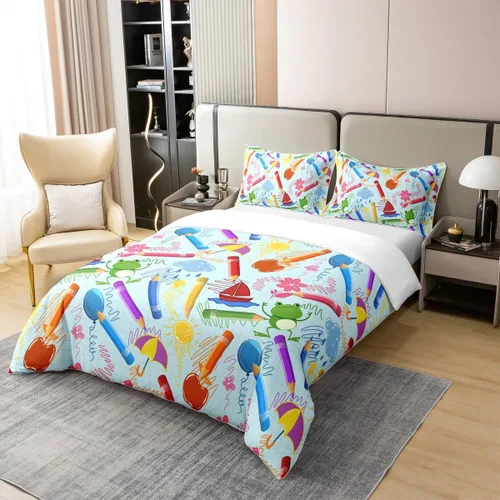Miniatura 2 de jejeloiu Juego de ropa de cama de lápiz de dibujos animados para niños, tamaño individual, colorido cuarto de bebé, 100% algodón, funda de edredón