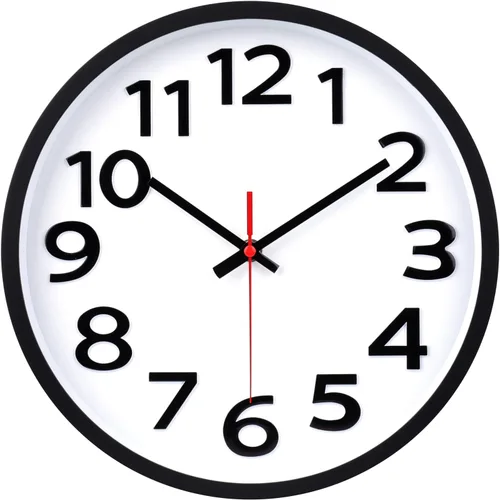 Reloj de pared silencioso de 12 pulgadas, sin tictac, números grandes, fácil de leer, relojes de pared decorativos para oficina, escuela, 2-Negro