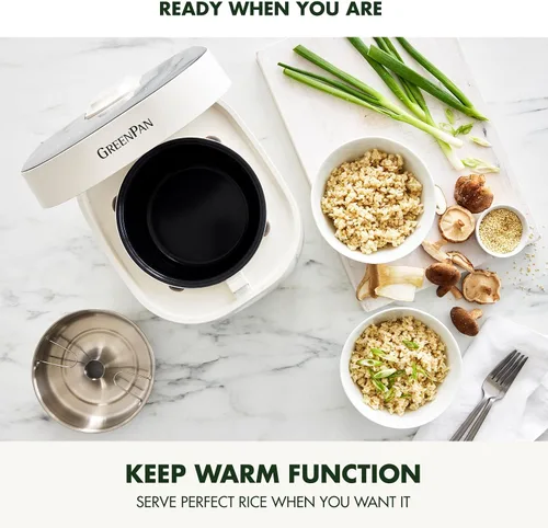 Miniatura 8 de Arrocera GreenPan, 8 tazas cocidas (4 sin cocer), modo bajo en carbohidratos y sopa, 10 ajustes de cocción de un toque, cesta de vapor de cerámica