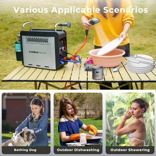 Miniatura 3 de CAMPLUX Nano 3 Pro - Calentador de agua portátil de propano de 1 libra, calentador de agua de campamento de mesa y bomba de ducha con batería