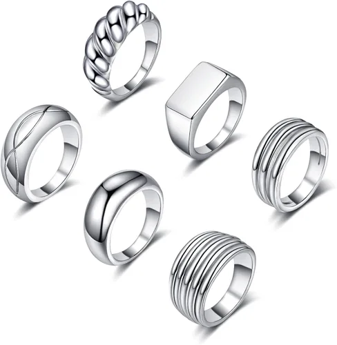 WFYOU Juego de 6 anillos gruesos chapados en oro de 18 quilates para mujeres y niñas, con sello trenzado trenzado de oro grueso, anillo de