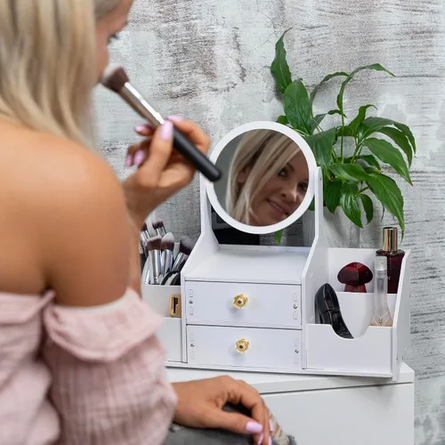 Miniatura 7 de Organizador de maquillaje de madera, organizadores de maquillaje de encimera con espejo, cajones, organizador de cosméticos para cepillos, cuidado
