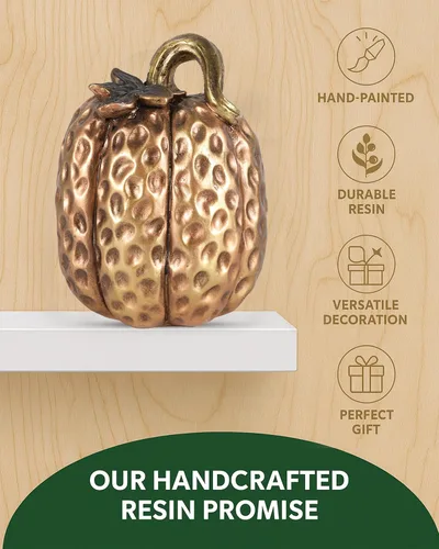 Miniatura 3 de GoGnome Juego de 2 figuras de calabaza de resina dorada, decoraciones texturizadas de cosecha de otoño para centro de mesa, decoración de Acción