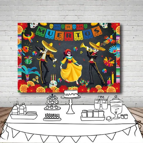 Miniatura 4 de MEHOFOND Telón de fondo del Día de los Muertos de 7 x 5 pies, fiesta mexicana, calavera de azúcar, flores, fondo de fotografía, vinilo Dia De Los