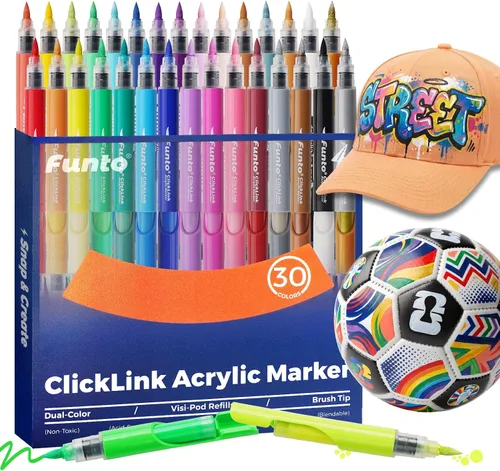 Funto ClickLink - Marcadores de pintura acrílica recargables, punta de pincel, marcadores acrílicos de secado rápido para vidrio, tela, fútbol,