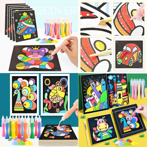 Miniatura 4 de JKanruh 48 kits de arte, kits de arte de arena de 12 colores con 24 hojas de cartas de pintura de arena, 12 hojas de pintura mágica para artes