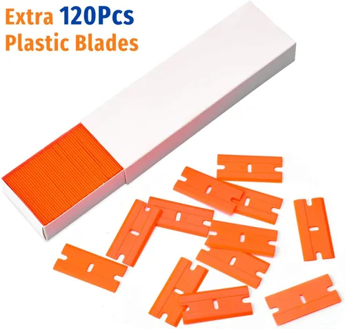 Miniatura 3 de Raspador de cuchilla plástico para retirar pegante, adhesivos, calcomanías, pintura del automóvil, ventanas y vidrio, paquete de 2 raspadores y 120