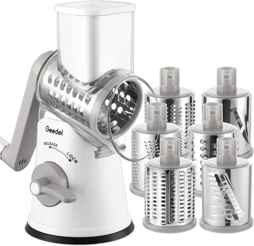 Miniatura 11 de Rallador de queso giratorio Geedel con 3 cuchillas intercambiables, rallador de mandolina de cocina para verduras, frutas, nueces, fácil de limpiar