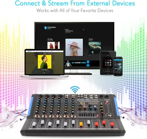 Miniatura 5 de Pyle Mezclador de audio estilo consola de 8 canales con Bluetooth - Controlador de sonido DJ, 4 entradas XLR / combinado, salida sub, +48V Phantom