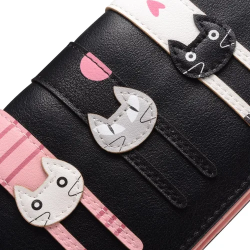 Miniatura 3 de Billetera con gato bonito monedero largo plegable con cierre para mujer M Negro