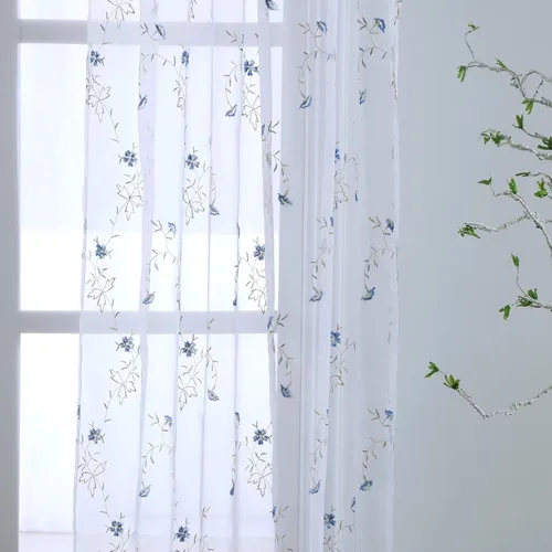 Miniatura 4 de Taisier Home Cortinas Traslúcidas Blancas Florales con Estampado de Flores y Bordado de Enredaderas para Dormitorio, Cortina con Bolsillo