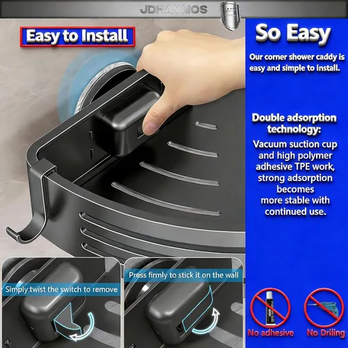 Miniatura 8 de Carrito de ducha con ventosa, extraíble sin perforaciones, estantes de ducha esquineros, de aluminio a prueba de óxido, organizador de ducha