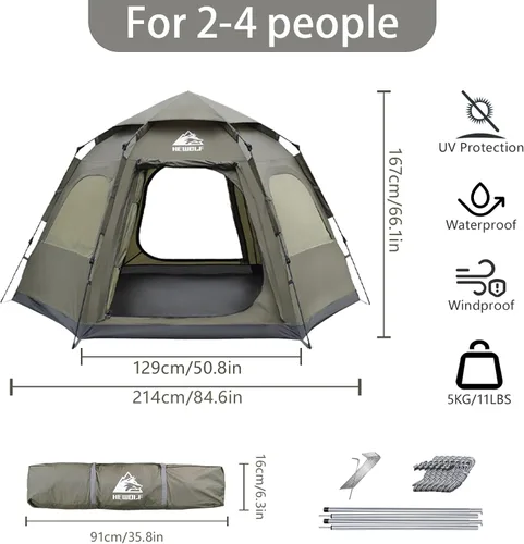 Miniatura 3 de Hewolf Tiendas de campaña para 3-4 personas para camping, tienda instantánea impermeable fácil de desplegar que se instala en 60 segundos