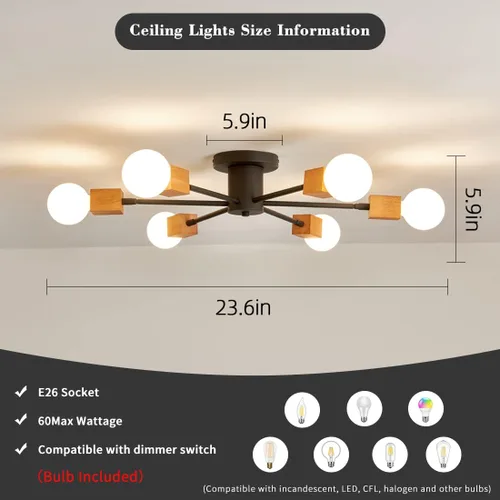 Miniatura 2 de Lámpara de techo de madera semiempotrada, 6 luces, lámpara Sputnik de madera rústica, iluminación de techo estilo granja, roble y negro con E26