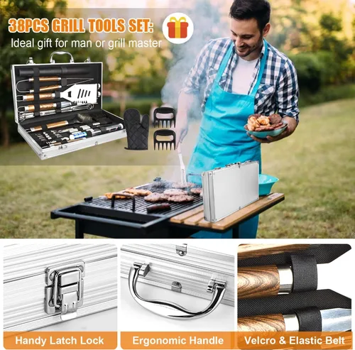 Miniatura 6 de Cifaisi Juego de accesorios para parrilla de barbacoa, 38 piezas de herramientas de parrilla de acero inoxidable con funda de aluminio, termómetro