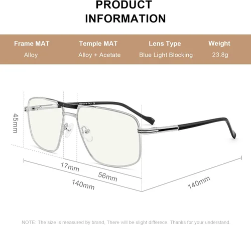 Miniatura 4 de Gafas de lectura para hombre, cuadrado, doble puente, bloqueo de luz azul, para lectura de computadora Plateado