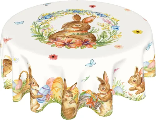 Kawani - Mantel redondo de conejo de Pascua de 60 pulgadas, primavera y verano, diseño floral de mariposas, mantel de poliéster para granja,