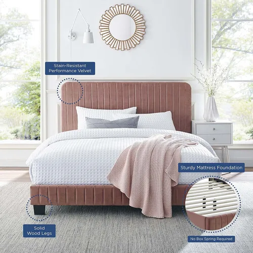 Miniatura 8 de Modway Celine - Cama con plataforma de terciopelo copetudo y alto rendimiento con canal en color rosa polv
