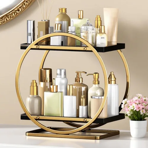 Organizador de Maquillaje para Tocador, Organizador de Perfumes Negro Dorado para Cómoda, Organizadores de Encimera de Baño de 2 Niveles, Estante de