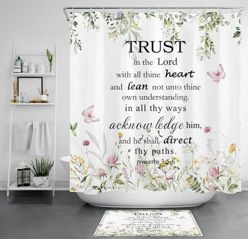 Miniatura 8 de EOBTAIN Cortina de ducha floral zen, lirio de agua blanca, mariposa y piedra zen gris, cortinas de ducha para baño, plantas, naturaleza, espiritual