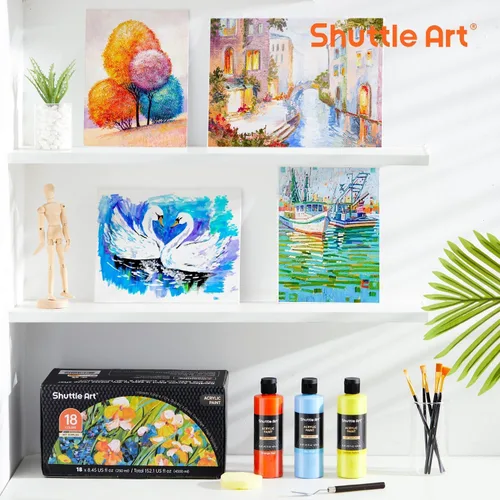 Miniatura 7 de Juego de botellas de pintura acrílica de 18 colores Shuttle Art (250 ml/8.45 oz), suministros de pintura a granel pigmentados ricos para artistas