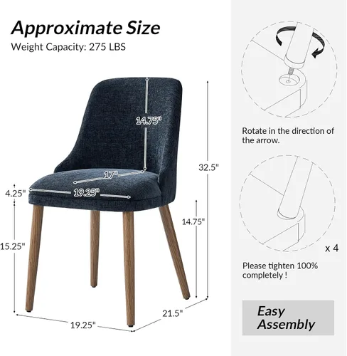 Miniatura 2 de HULALA HOME Juego de 2 sillas de comedor tapizadas de tela azul marino con patas de madera maciza, respaldo acolchado, sillas decorativas modernas