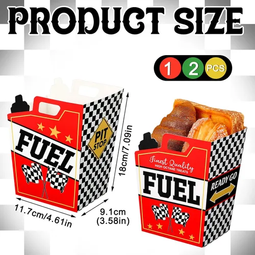 Miniatura 2 de Colarr Paquete de 12 cajas de combustible de carreras con temática de carreras, cajas de bandera a cuadros en blanco y negro, caja de palomitas