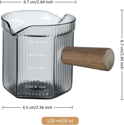 Miniatura 2 de Joeyan 4 onzas Gris Jarra medidora de triple boquilla con asa de madera, taza medidora de vidrio de borosilicato estriado de alta calidad, vasos